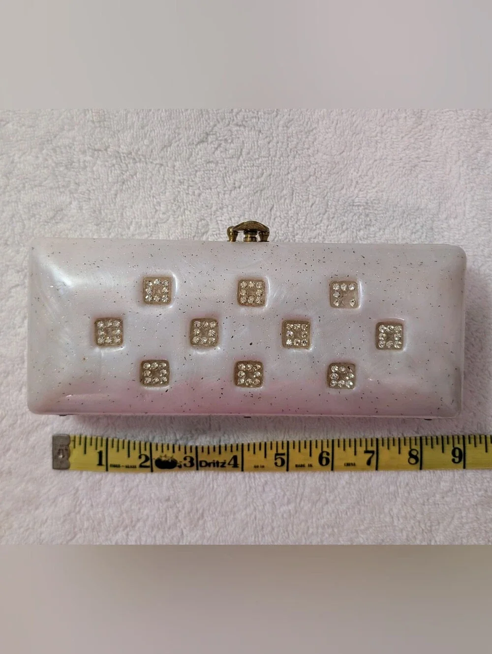 Vintage MCM Lucite Clutch Purse Pearl White Confetti Hard Shell Rhinestone Bling